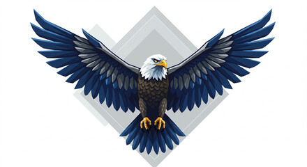 A majestic bald eagle with outstretched wings, set against a backdrop of abstract geometric shapes.