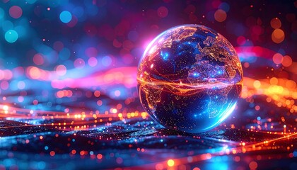 A glowing glass sphere, depicting Earth, floats amid streaks of light and bokeh. It glows with vivid colors