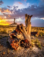 Stunning landscape at sunset, showcasing unique, aged petrified wood