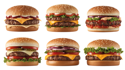 Six delicious gourmet cheeseburgers with fresh toppings and buns isolated on transparent background