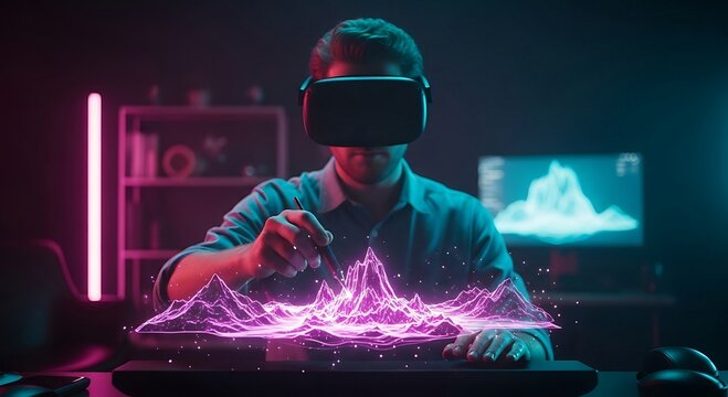 Futuristic Designer in VR Headset Creating 3D Mountain Landscape. Metaverse Technology, Digital Art, and Immersive Augmented Reality Experience with Neon Lights.