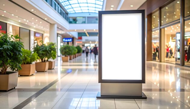 A blank vertical lightbox/digital poster mockup standing prominently in the brightly lit interior of a modern shopping mall. Ideal for advertising.