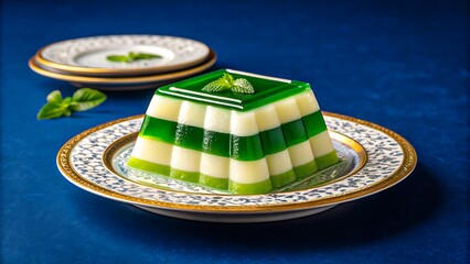 Obraz premium Green and white layered pandan jelly dessert on elegant plate 