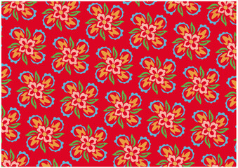 Vibrant seamless floral pattern with stylized blooming blossoms in yellow, orange, blue, and green on a cheerful red background, perfect for textiles, fabric, wallpaper, and digital projects