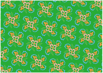 Vibrant Folk Art Floral Seamless Pattern with Symmetrical Stylized Blooms on a Bright Green Background