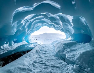 Ice cave tunnel to a snowy landscape
