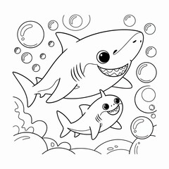 Friendly shark family coloring page, big shark and baby, underwater bubbles, ocean scene outlines, fun kids vector