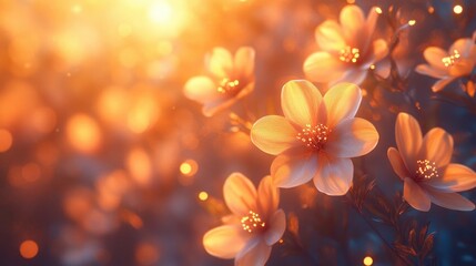 Serene sunset bloom with golden light and blooming flowers, digitally created with AI for a dreamy effect.