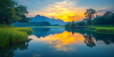 Obraz premium Serene lake at sunset with mountains and lush greenery reflecting in water