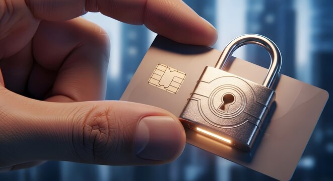 Secure payment concept: hand holding credit card with padlock in digital security theme