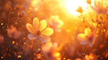 Serene sunset bloom with golden light and blooming flowers, digitally created with AI for a dreamy effect.