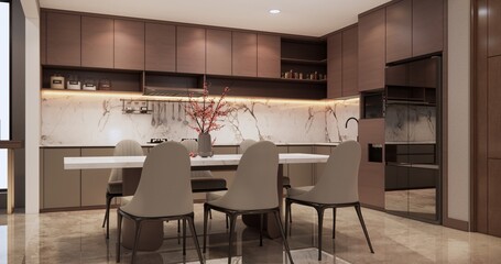 Modern living room interior with elegant furniture and warm lighting.