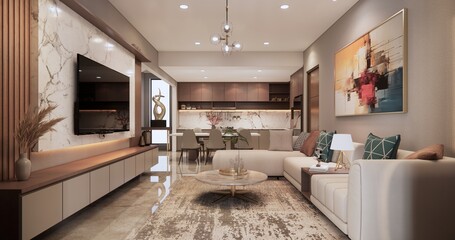 Modern living room interior with elegant furniture and warm lighting.