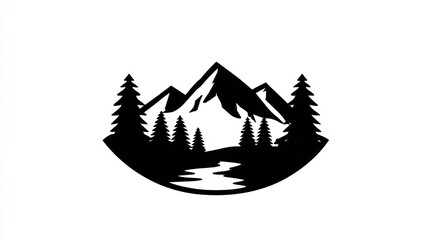 Mountain landscape silhouette with trees and river isolated on white background