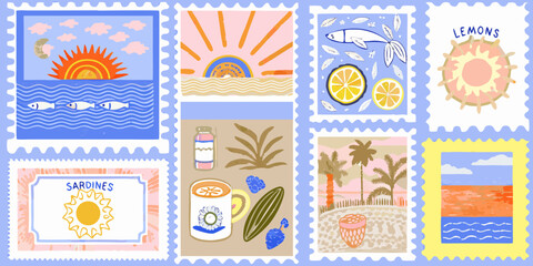Collection of whimsical artistic postage stamps featuring seaside scenes food and abstract designs