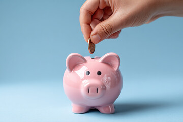 Putting a coin into a pink piggy bank for saving money