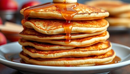 A stack of fluffy, golden-brown pancakes, slightly uneven edges, syrup drizzled,  yummy,   morning meal