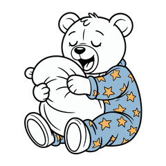 Adorable teddy bear coloring page, pajamas with stars, hugging pillow, bedtime theme, sweet nursery artwork, vector illustration