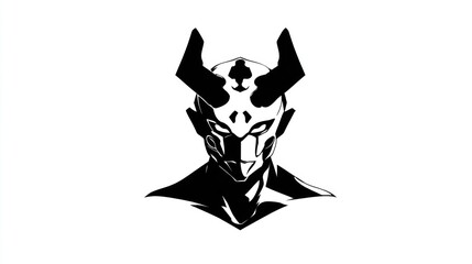 Black and white illustration of stylized horned figure on white background