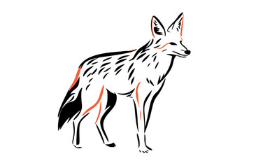 Fototapeta premium Minimalist Wild Canine Illustration. Stylized Line Art of a Standing Jackal or Fox, Abstract Black and White Vector with Red Accents.