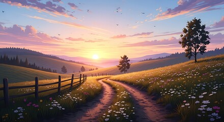Enchanting pastoral sunset vista with winding dirt road, rolling hills and flowering meadow landscape at golden hour