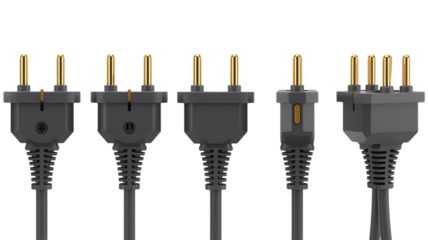 Diverse collection of electrical plugs displayed together for comparison and design isolated on transparent background