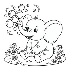 Cute baby elephant coloring page, blowing bubbles, sitting on grass, simple line art, kids activity, printable vector