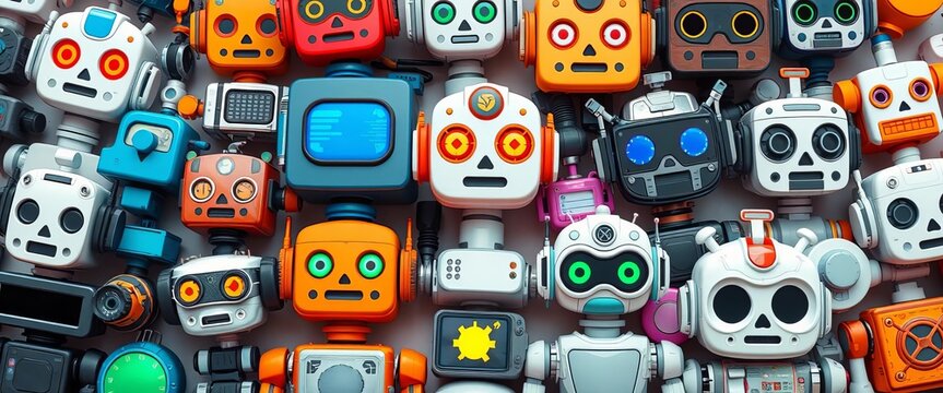 Several robotic icons clustered together, showcasing diverse designs, graphic, android