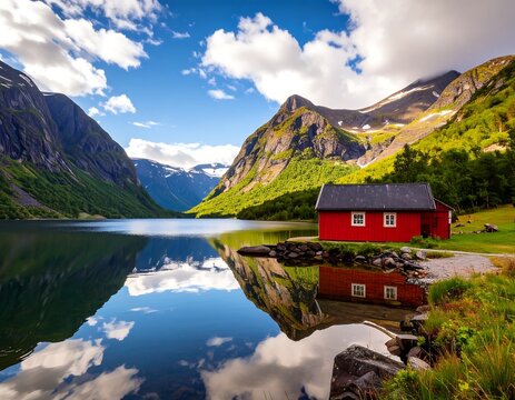 Serene lake view with a red cabin, mountains, and clear reflection