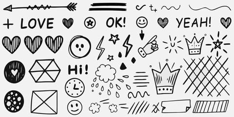 Collection of hand drawn black and white doodle elements including hearts arrows stars crowns and text for creative design
