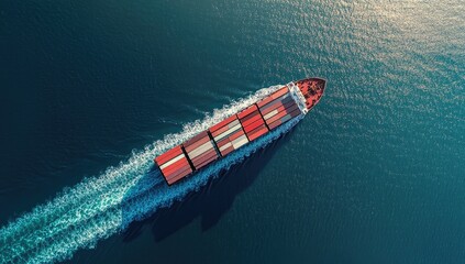 Cargo ship transits, wake trailing on tranquil azure sea