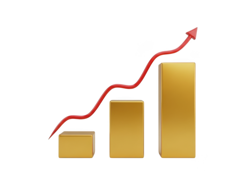 Golden bar chart showing upward trend with red arrow isolated on transparent background