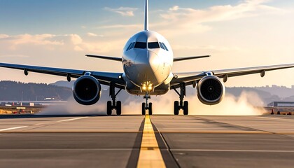 An aircraft lands on a runway, view from the front, with a blurred background. Golden light bathes the sky