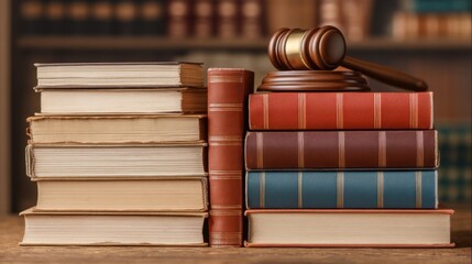 Neat stacks of books in various sizes and colors with a wooden gavel on top, suggesting law or academia,