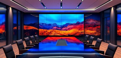Sleek minimalist conference room with large screen, modern furniture,  business,  tech