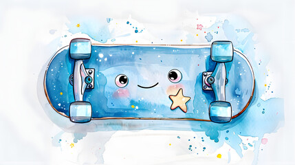 watercolor painting kawaii cute skateboard