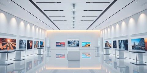 Clean, minimalist exhibition hall with bright lighting and empty display stands,  venue,  floor
