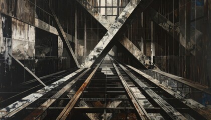 An intricate, industrial interior, showcasing a complex network of decaying structures and beams, bathed in muted tones.