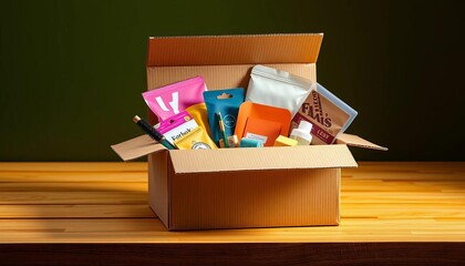 A cardboard box is opened, revealing various items inside, unpack, inside