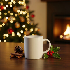 Cup of Coffee With Shristmas Decorations and Christmas Tree on the Back and Fireplace