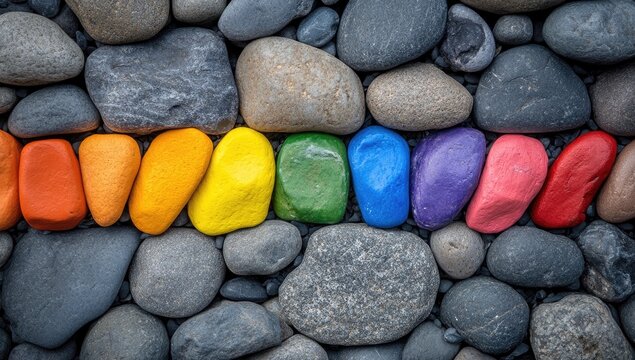 Rainbow stones amid grey rocks, vibrant color contrast
