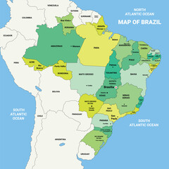 Vector map of Brazil with states and major cities. Detailed South America country illustration for educational, travel, and infographic use.