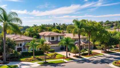 Upscale homes, lush landscaping, tree-lined streets in Costa Mesa neighborhood,  sunny,  design