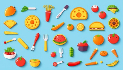 Vibrant, colorful food icons set;  perfect for menus, apps, websites,  recipe,  vegetable