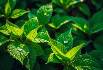 Vibrant emerald leaves glistening with morning dew, spring, natural