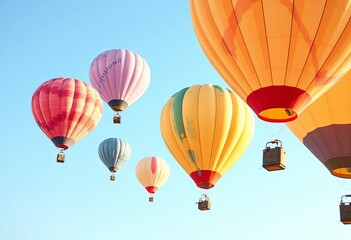 Watercolor-painted hot air balloons float across a light blue sky, party, cute