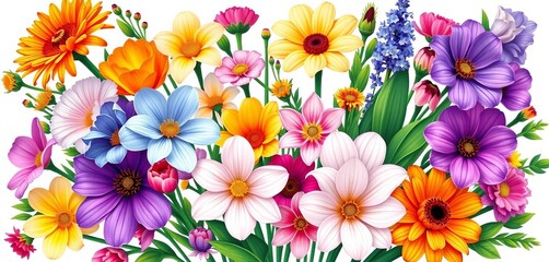 Vibrant vector illustration of various birth month flowers arranged in a bouquet,  rose,  larkspur