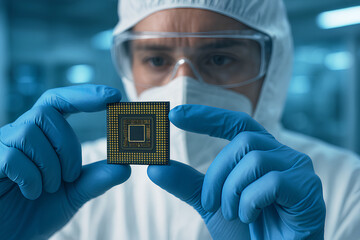 Scientist Holding Microchip in Cleanroom Laboratory