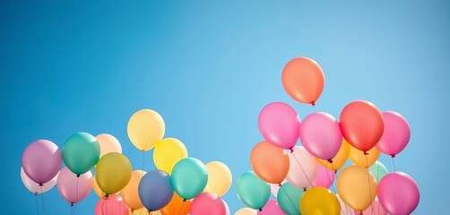 Pastel rainbow colored balloons floating against a bright blue sky,  rainbow,  vibrant