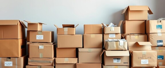 Stack of various sized cardboard boxes, some open, showing contents,  shipping,  disposal
